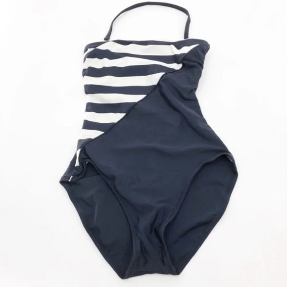 Oscar De La Renta Navy White Striped Colorblock Retro One Piece Swimsuit Size 8 - Picture 1 of 7